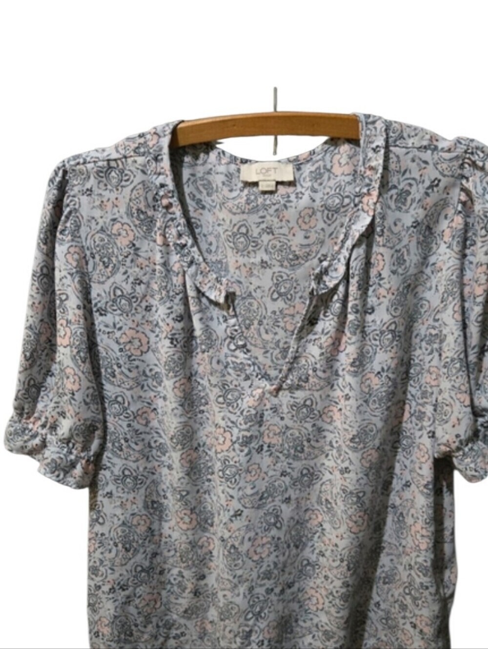 LOFT Outlet Blue Paisley Floral Split Neck Roll Tab Blouse Top Large